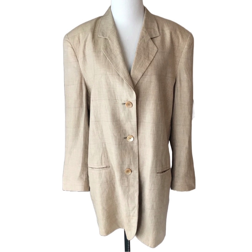 Vintage Escada Long Tan Plaid Linen Blazer